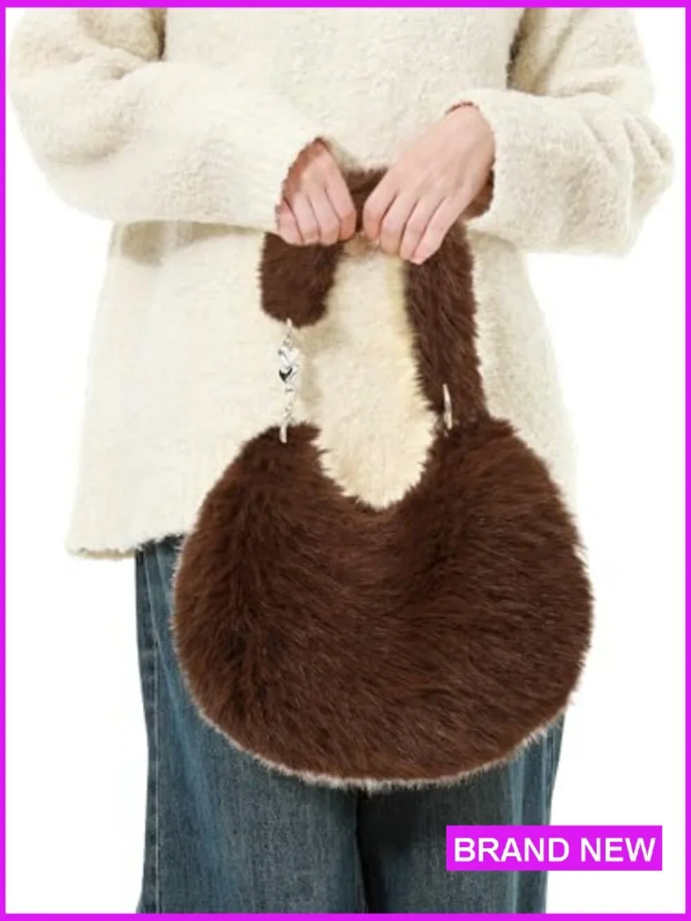 Faux Fur Plush Shoulder Bag Y2K Cute Fuzzy Purse Hobo Handbag Winter